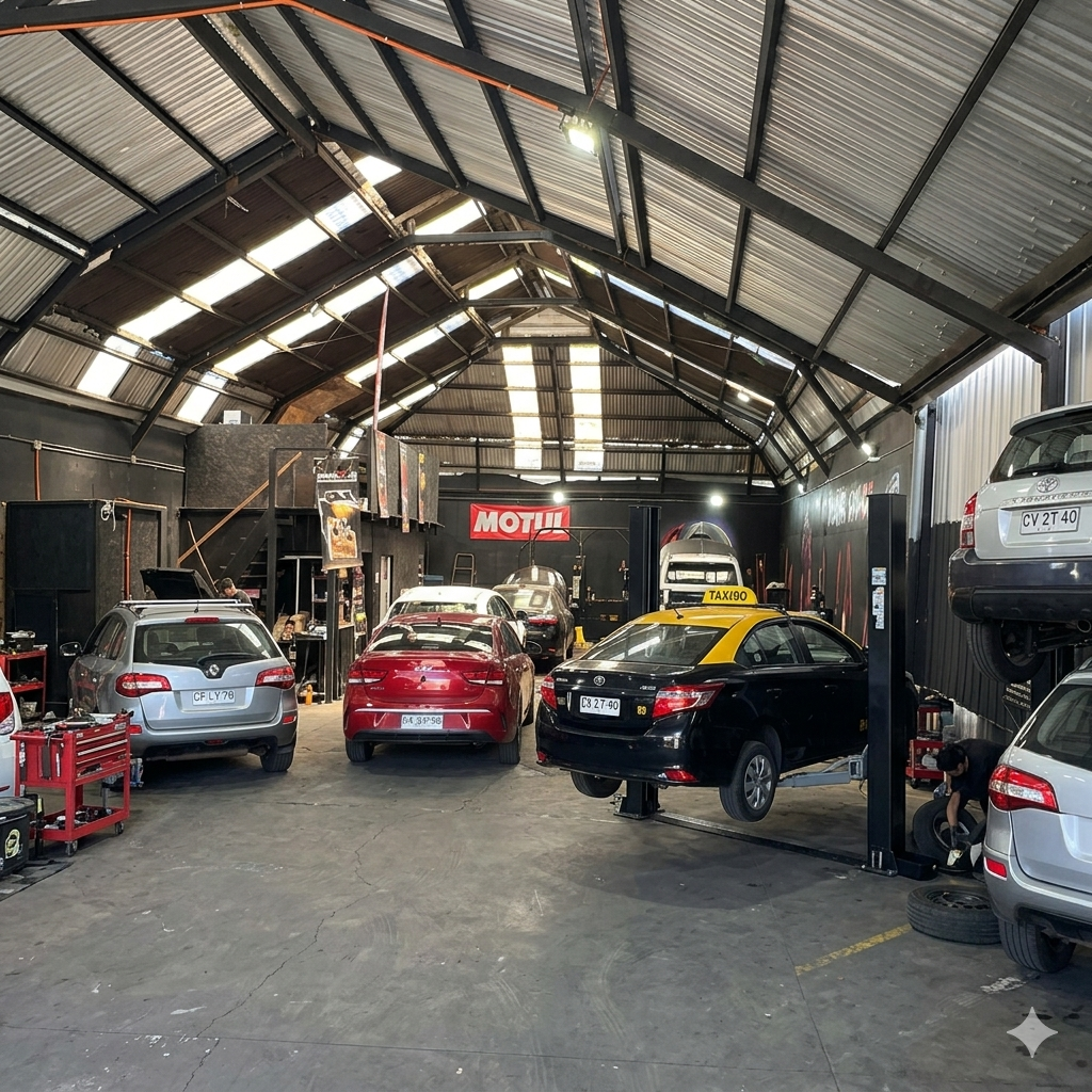 Taller mecánico interior en Temuco con autos en elevadores hidráulicos